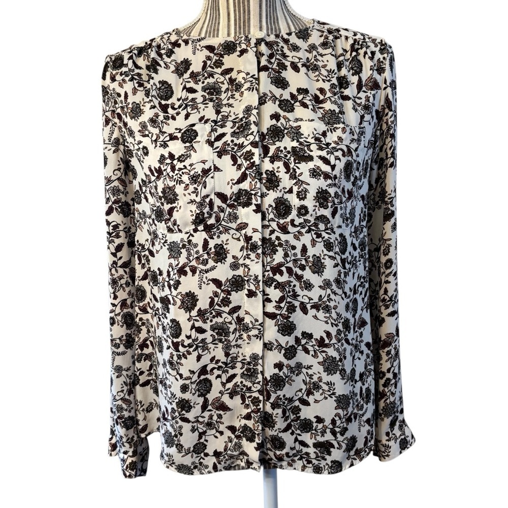 LOFT Blouse XS Off White Floral Brown Taupe Grey Black Button-up Long Sleeves